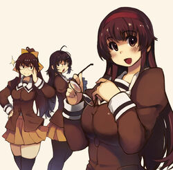  3girls alternate_hair_color bespectacled black_legwear blush breasts commentary_request glasses hairband hand_on_own_hip huge_breasts kiribayashi_azumi long_hair medium_breasts mil_(xration) mitsurugi_ryouko multiple_girls open_mouth pantyhose pleated_skirt real_bout_high_school school_uniform simple_background skirt smile sparkle thighhighs unworn_eyewear yuuki_hitomi 