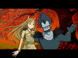  animal_ears apple brown_hair crossover death_note female food fruit highres holo horo long_hair meme outdoors outside_border outside_of_border ryuk shinigami spice_and_wolf sunset tree vector vector_trace wallpaper wolf_ears 