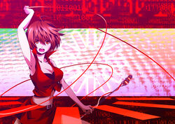  arm_up armpits bad_id bad_pixiv_id breasts brown_eyes cleavage crop_top female large_breasts meiko_(vocaloid) microphone_stand midriff navel open_mouth photoshop_(medium) red_hair red_skirt short_hair skirt solo vocaloid yyukke 