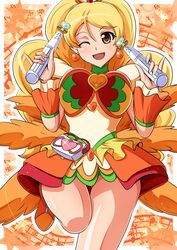  ;d alternate_form aokura_shou blonde_hair brooch brown_eyes choker commentary_request cure_honey cure_honey_(coconut_samba) dual_wielding earrings eighth_note female green_choker happinesscharge_precure! heart heart_brooch heart_wand highres holding jewelry long_hair magical_girl musical_note one_eye_closed oomori_yuuko open_mouth orange_background precure quarter_note samba skirt smile solo staff_(music) standing standing_on_one_leg wand 