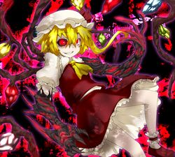  black_sclera blonde_hair colored_sclera commentary_request devoured_by_darkness female flandre_scarlet glowing glowing_eyes hat hat_ribbon mismatched_sclera ponytail red_eyes ribbon short_hair side_ponytail solo soubi touhou wings 