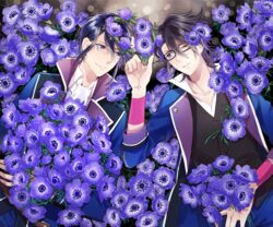  2boys anemone_(flower) arm_up bad_id bad_pixiv_id black-framed_eyewear black_hair blue_eyes blue_hair bouquet bow collarbone flower from_above fushimi_saruhiko glasses hair_flower hair_ornament hairbow holding holding_bouquet holding_flower index_finger_raised k-project lying male_focus multiple_boys munakata_reishi neckerchief noes on_back one_eye_closed parted_lips purple_flower rimless_eyewear sidelocks smile white_neckerchief 