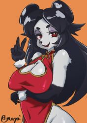  2017 :d anthro arm_tuft asian_clothing bear big_breasts black_body black_fur black_hair black_nose breasts chinese_clothing chinese_dress cleavage cleavage_cutout clothed clothing cutout digital_media_(artwork) dress east_asian_clothing eyebrows eyelashes eyeshadow female front_view fur giant_panda hair half-closed_eyes hi_res kemono lipstick makeup mammal mayoi89g narrowed_eyes navel no_underwear open_mouth orange_background portrait red_clothing red_dress red_lipstick sagging_breasts shoronpo short_hair shoulder_tuft signature simple_background smile solo standing sweater thick_eyebrows topwear tuft turtleneck white_body white_fur 