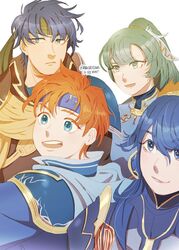  2boys 2girls armor blue_eyes blue_hair cape collarbone commentary_request cosplay darkgreyclouds dress eliwood_(fire_emblem) eliwood_(fire_emblem)_(cosplay) fire_emblem fire_emblem:_path_of_radiance fire_emblem:_the_binding_blade fire_emblem:_the_blazing_blade fire_emblem_awakening fire_emblem_heroes green_eyes green_hair greil greil_(cosplay) headband high_ponytail ike_(brave_mercenary)_(fire_emblem) ike_(fire_emblem) long_hair looking_at_viewer lucina_(brave_princess)_(fire_emblem) lucina_(fire_emblem) lyn_(brave_lady)_(fire_emblem) lyn_(fire_emblem) multiple_boys multiple_girls open_mouth ponytail red_hair roy_(brave_lion)_(fire_emblem) roy_(fire_emblem) short_hair smile very_long_hair 