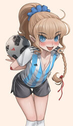  2018_fifa_world_cup absurdres adidas ahoge argentina argentinian_flag argentinian_flag_print ball bandages blonde_hair blue_eyes blue_shirt blush breasts cleavage commentary elf english_commentary eudetenis feet_out_of_frame female flag_print hair_ornament hair_ribbon highres holding holding_ball long_hair looking_at_viewer open_mouth original pointy_ears ponytail ribbon shirt shorts smile soccer soccer_ball soccer_uniform solo sportswear standing striped_clothes striped_shirt telstar_18 vertical-striped_clothes vertical-striped_shirt white_shirt world_cup 