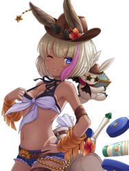  ;p animal_ears belt bikini bikini_tan bikini_top_only blue_eyes breasts brown_hat brown_thighhighs chloe_(granblue_fantasy) closed_mouth commentary demon_wings denim denim_shorts ears_through_headwear erune female front-tie_top granblue_fantasy hand_on_own_hip hat looking_at_viewer medium_breasts multicolored_hair one_eye_closed purple_hair rusha_(r_style) short_shorts shorts simple_background single_thighhigh smile solo star_(symbol) streaked_hair sunglasses swimsuit tan tanlines thighhighs tongue tongue_out two-tone_hair v-shaped_eyebrows white_background white_bikini white_hair wings 