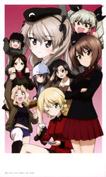  6+girls :d absurdres anchovy_(girls_und_panzer) anzio_military_uniform arm_up asymmetrical_bangs beret black_footwear black_hat black_jacket black_ribbon black_shirt black_skirt blonde_hair blue_eyes blue_headwear blue_jacket blue_shorts boots braid brown_eyes brown_hair brown_jacket carrying chi-hatan_military_uniform closed_mouth crossed_arms cup darjeeling_(girls_und_panzer) denim denim_shorts dress_shirt drill_hair emblem epaulettes garrison_cap girls_und_panzer gradient_background green_hair green_jacket green_jumpsuit grey_jacket hair_intakes hair_ribbon hat helmet highres holding holding_instrument instrument invisible_chair jacket japanese_tankery_league_(emblem) jumpsuit kantele katyusha_(girls_und_panzer) kay_(girls_und_panzer) keizoku_military_uniform kuromorimine_military_uniform leg_up light_brown_hair light_smile long_hair long_sleeves looking_at_viewer mika_(girls_und_panzer) military military_hat military_uniform miniskirt multiple_girls nishi_kinuyo nishizumi_maho nonna_(girls_und_panzer) odd_one_out oerba_yun_fang official_art one_eye_closed one_side_up open_mouth outside_border pink_background pleated_skirt pravda_military_uniform pravda_school_uniform raglan_sleeves raised_fist red_eyes red_jacket red_shirt red_skirt ribbon salute saucer saunders_military_uniform school_uniform selection_university_military_uniform shimada_arisu shirt short_hair short_jumpsuit short_shorts shorts shoulder_carry sitting skirt smile st._gloriana&#039;s_military_uniform standing standing_on_one_leg sugimoto_isao tank_helmet teacup thighhighs tied_hair track_jacket trait_connection tulip_hat turtleneck twin_braids twin_drills twintails uniform white_legwear white_shirt yellow_skirt 