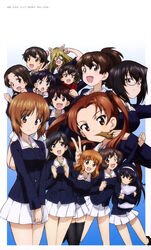  6+girls :d :o absurdres ahoge akiyama_yukari angry animal_ears black-framed_eyewear black_choker black_eyes black_footwear black_hair black_thighhighs blue_background blue_jacket blunt_bangs bob_cut boots brown_eyes brown_hair caesar_(girls_und_panzer) cat_ears chips_(food) choker closed_mouth coke-bottle_glasses eating fake_animal_ears flexing food girls_und_panzer glasses gradient_background green_shirt hair_between_eyes hairband highres holding holding_food isobe_noriko isuzu_hana jacket kadotani_anzu kawashima_momo koyama_yuzu light_smile long_hair long_sleeves looking_at_viewer messy_hair military military_uniform miniskirt monocle multiple_girls nakajima_(girls_und_panzer) nekonyaa_(girls_und_panzer) nishizumi_miho official_art ooarai_military_uniform open_mouth orange_eyes orange_hair outside_border parted_bangs pillow pleated_skirt pose potato_chips red_scarf reizei_mako ribbon_choker sawa_azusa scarf semi-rimless_eyewear shirt short_hair short_ponytail skirt smile sono_midoriko standing standing_on_one_leg sugimoto_isao takebe_saori thighhighs twintails under-rim_eyewear uniform v v_arms white_hairband white_skirt 