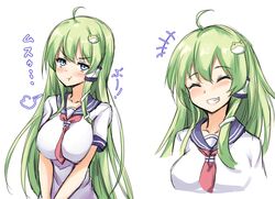  :t ^_^ ahoge alternate_costume amagi_(amagi626) blue_eyes blush breasts closed_eyes collarbone commentary_request contemporary cropped_torso facing_viewer female frog_hair_ornament green_hair hair_ornament hair_tubes highres kochiya_sanae large_breasts long_hair looking_at_viewer multiple_views neckerchief neckerchief_between_breasts oerba_yun_fang one-hour_drawing_challenge puff_of_air red_neckerchief sailor_collar school_uniform serafuku short_sleeves sidelocks snake_hair_ornament touhou translation_request upper_body v-shaped_eyebrows v_arms very_long_hair 