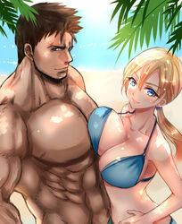  1boy abs asymmetrical_docking beach bikini blonde_hair blue_eyes breast_press breast_to_pectoral_docking breasts brown_hair chris_redfield commentary_request day facial_hair female jill_valentine leaf looking_at_viewer muscular nagare ocean outdoors palm_tree pectorals ponytail resident_evil shade smile stubble swimsuit tan topless_male tree unaligned_breasts upper_body 