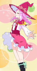  closed_eyes closed_mouth female hanami_kotoha haruyama_kazunori hat long_hair magic_school_uniform mahou_girls_precure! no_panties pink_hair pink_skirt precure school_uniform skirt smile solo witch_hat 