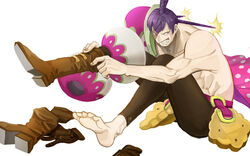  1boy abs barefoot boots character_name charlotte_cracker commentary cracker food gloves hair_bun highres living_(pixiv5031111) male_focus one_piece photoshop_(medium) pink_eyes purple_hair scar simple_background single_hair_bun sitting solo teeth topless_male unworn_gloves white_background 