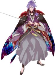  1boy armor blue_eyes cape flower full_body hakama hakama_skirt highres homerun_ken japanese_armor japanese_clothes kasen_kanesada kasen_kanesada_(kiwame) katana male_focus purple_hair skirt solo sword touken_ranbu transparent_background weapon 