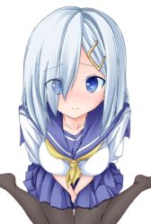  black_pantyhose blue_eyes blush breasts collarbone commentary_request eyes_visible_through_hair female grey_hair hair_over_one_eye hamakaze_(kancolle) highres kantai_collection large_breasts looking_at_viewer neckerchief pantyhose partial_commentary school_uniform serafuku simple_background solo wata_(akawata) white_background yellow_neckerchief 