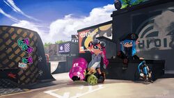  2girls beret black_footwear black_hair black_hat blackbelly_skatepark blue_eyes blue_hair blue_sky closed_mouth commentary_request day goggles goggles_on_head hat heavy_splatling_(splatoon) inkling inkling_girl inkling_player_character jacket light_particles long_hair long_sleeves multiple_girls outdoors pink_hair plant pointy_ears ramp signature sitting skate_park sky smile splash-o-matic_(splatoon) splatoon_(series) splatoon_2 standing tarai_(silica5) tentacle_hair twitter_username white_eyes white_jacket 