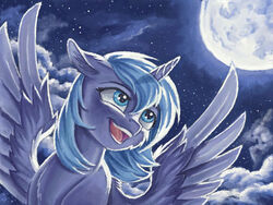  4:3 alicorn cloud detailed_background equid equine feathered_wings feathers female feral friendship_is_magic full_moon hasbro horn mammal moon my_little_pony mythological_creature mythological_equine mythology night princess_luna_(mlp) solo sparkles star the-wizard-of-art traditional_media_(artwork) wings 