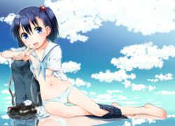  bare_legs barefoot blue_bra blue_eyes blue_hair blue_panties blue_sky blush bow bow_panties bra clothes_lift cloud commentary_request day female flat_chest hair_bobbles hair_ornament kokekokko_coma loafers looking_at_viewer navel one_side_up ooya-san_wa_shishunki open_mouth outdoors panties polka_dot polka_dot_bra polka_dot_panties satonaka_chie_(ooya-san_wa_shishunki) school_uniform serafuku shirt_lift shoes short_hair short_sleeves sitting skirt sky smile solo thigh_gap underwear unworn_shoes v 