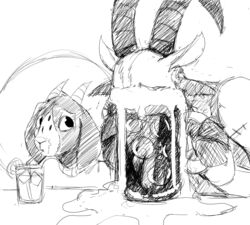  alcohol anthro beer beverage big_breasts black_and_white bovid breasts caprine caprine_demon container cup demon drinking duo female goat goat_demon halo hladilnik horn lucy_(hladilnik) male mammal monochrome open_mouth scar straw_(disambiguation) tommy_(hladilnik) 