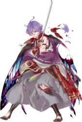  1boy armor blood blue_eyes cape flower full_body hakama hakama_skirt highres homerun_ken injury japanese_armor japanese_clothes kasen_kanesada kasen_kanesada_(kiwame) katana male_focus official_art one_eye_closed petals purple_hair skirt solo sword torn_cape torn_clothes touken_ranbu transparent_background weapon wince 