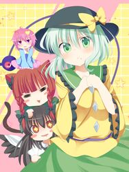  4girls :&lt; :3 animal_ears ashino black_bow black_hair black_hat blunt_bangs blush blush_stickers bow cat_ears cat_girl cat_tail chibi closed_mouth commentary_request eyeball frilled_shirt_collar frilled_sleeves frills furrowed_brow green_bow green_eyes green_skirt hairbow hands_up hat hat_ribbon heart heart_of_string kaenbyou_rin komeiji_koishi komeiji_satori light_green_hair long_hair long_sleeves looking_at_viewer mini_person minigirl multiple_girls no_nose open_mouth red_eyes red_hair reiuji_utsuho ribbon skirt smile tail third_eye touhou wide_sleeves yellow_bow 