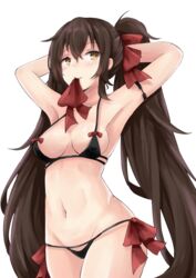  absurdres alternate_costume armpits arms_up bikini black_hair blush breasts brown_eyes chinese_commentary collarbone commentary_request covered_nipples cowboy_shot female girls&#039;_frontline groin hair_between_eyes hair_ribbon hakuya_(white_night) highres hip_focus long_hair looking_at_viewer medium_breasts mouth_hold navel red_ribbon ribbon ribbon_in_mouth side-tie_bikini_bottom smile solo stomach swimsuit transparent_background twintails tying_hair type_97_(girls&#039;_frontline) very_long_hair 