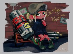  beret blue_coat boots brick_wall closed_mouth coat commentary_request cross-laced_footwear female frown full_body graffiti green_eyes green_footwear green_hair green_hat hand_up hat highres hydra_splatling_(splatoon) lace-up_boots light_green_hair long_sleeves looking_at_viewer octoling octoling_girl octoling_player_character paint_splatter pigeon-toed ponytail signature sitting solo splatoon_(series) splatoon_2 tarai_(silica5) tentacle_hair 