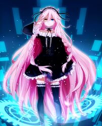  big_hair black_dress black_thighhighs blue_eyes collar collarbone commentary_request conone dress female gears gothic_lolita heterochromia highres ia_(vocaloid) lolita_fashion long_hair looking_at_viewer maid_headdress pink_hair solo thighhighs very_long_hair vocaloid yellow_eyes 