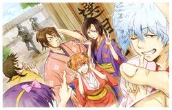  6+boys black_hair blue_eyes brown_eyes brown_hair collarbone commentary_request conone female gintama highres hijikata_toushirou kagura_(gintama) katsura_kotarou kondou_isao long_hair looking_at_viewer multiple_boys okita_sougo one_eye_closed orange_hair outdoors purple_hair sakata_gintoki shimura_shinpachi short_hair v white_hair yamazaki_sagaru 