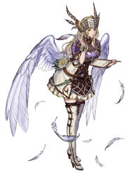  armor belt blonde_hair blue_eyes boots breastplate closed_mouth dress feathered_wings feathers female flower full_body helmet holding lips long_hair looking_at_viewer official_art quill short_dress shoulder_armor shoulder_pads silmeria_valkyrie simple_background solo standing thigh_boots thighhighs valkyrie_anatomia valkyrie_profile_(series) valkyrie_profile_2:_silmeria white_background wings yoshinari_kou zettai_ryouiki 