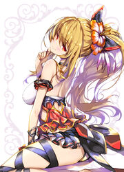  arm_garter back bare_shoulders black_skirt blonde_hair bow breasts choker closed_mouth commentary_request female flower from_side granblue_fantasy hair_flower hair_ornament hairbow hand_on_own_chin head_tilt hibiscus hong_(white_spider) large_breasts long_hair looking_at_viewer looking_back microskirt official_alternate_costume photoshop_(medium) red_eyes revision sitting skirt smile solo swimsuit vira_(granblue_fantasy) vira_(summer)_(granblue_fantasy) 