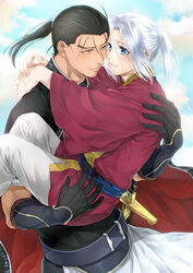  2boys arslan arslan_senki black_gloves black_hair blue_eyes blush brown_eyes carrying cloud commentary_request daryoon day gloves kyusui_polymer looking_at_another male_focus multiple_boys ponytail princess_carry sky smile tan white_hair yaoi 