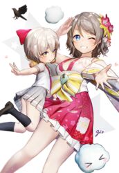  2girls alternate_costume amaterasu_(uchihime) artist_name blue_eyes blush closed_mouth commentary gio_(maroon0924) grey_hair heart looking_at_viewer love_live! love_live!_sunshine!! multiple_girls one_eye_closed orange_eyes parted_lips saitou_shuka short_hair signature smile symbol-only_commentary teeth tongue tongue_out uchi_no_hime-sama_ga_ichiban_kawaii voice_actor_connection watanabe_you white_hair 