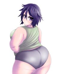  &gt;:( ass back bad_id bad_twitter_id bare_arms black_panties breasts camisole fat female from_behind frown hand_on_own_hip kukuru large_breasts looking_at_viewer looking_back original panties pout purple_eyes purple_hair short_hair sleeveless solo thighs underwear v-shaped_eyebrows 