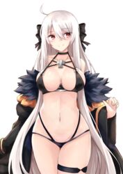  absurdres ahoge alternate_costume belt bikini black_bikini black_ribbon blush breasts chinese_commentary cleavage coat collarbone commentary_request covered_nipples cowboy_shot cross female fur-trimmed_coat fur_trim girls&#039;_frontline groin hair_between_eyes hair_ribbon hakuya_(white_night) highres iron_cross kar98k_(girls&#039;_frontline) large_breasts long_hair looking_at_viewer multi-strapped_bikini navel off_shoulder red_eyes ribbon sidelocks skindentation smile solo stomach swimsuit thigh_strap thighs transparent_background very_long_hair white_hair 