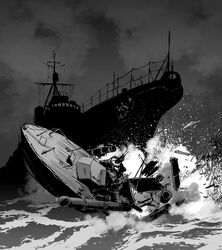  amagiri_(destroyer) anchor boat collision commentary destroyer greyscale highres historical_event matsuda_juukou military military_vehicle monochrome no_humans ocean original ship silhouette torpedo_boat torpedo_tubes warship water watercraft 