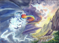  2016 canterlot detailed_background electricity equid equine feathered_wings feathers female feral flying friendship_is_magic hasbro lightning mammal my_little_pony mythological_creature mythological_equine mythology pegasus ponyville rainbow_dash_(mlp) solo the-wizard-of-art traditional_media_(artwork) wings 