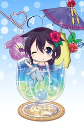  ;) bikini black_bikini black_hair blue_eyes blush_stickers braid breasts cherry chibi cleavage closed_mouth cocktail_umbrella commentary_request crazy_straw drinking_straw female flower food fruit hair_flower hair_ornament hair_ribbon heart_straw hibiscus highres holding in_container kantai_collection long_hair medium_breasts neko_danshaku one_eye_closed orchid purple_flower purple_umbrella red_flower red_ribbon ribbon sailor_bikini sailor_collar shigure_(kancolle) shigure_kai_ni_(kancolle) single_braid smile solo sparkle star_(symbol) star_in_eye swimsuit symbol_in_eye tropical_drink umbrella very_long_hair 