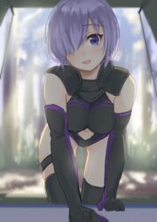  armor bad_id bad_pixiv_id bare_shoulders black_armor black_thighhighs blush breasts elbow_gloves fate/grand_order fate_(series) female gloves hair_over_one_eye hinoshita_akame leaning_forward looking_at_viewer mash_kyrielight medium_breasts open_mouth purple_eyes purple_hair short_hair smile solo thighhighs 