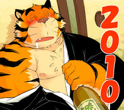  2010 anthro belly blush closed_eyes clothing felid male mammal moobs nipples pantherine robe sessa slightly_chubby solo tiger 