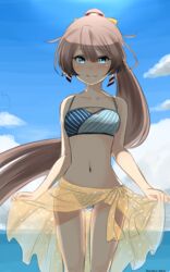  10eki_(tenchou) ass_visible_through_thighs bare_shoulders bikini blue_eyes blue_sky blush brown_hair clothes_lift cloud collarbone commentary_request day female hair_ornament hair_ribbon highres kantai_collection kazagumo_(kancolle) kazagumo_(swimsuit_mode)_(kancolle) long_hair looking_at_viewer navel orange_sarong polka_dot polka_dot_sarong ponytail ribbon sarong sarong_lift see-through see-through_sarong sky smile solo swimsuit thigh_gap thighs tsurime twitter_username water 