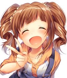  :d ^_^ blush brown_hair closed_eyes commentary_request female idolmaster idolmaster_(classic) ntk_(7t5) open_mouth short_hair simple_background smile solo takatsuki_yayoi twintails v white_background 