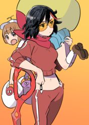  2girls :3 bad_id bad_pixiv_id bag black_hair blue_skirt brown_eyes brown_footwear brown_hair carrying_over_shoulder gradient_background hat highres holding holding_bag kill_la_kill looking_back mankanshoku_mako matoi_ryuuko midriff multicolored_hair multiple_girls musshu_(omu001) open_mouth orange_background peaked_cap red_hair red_scarf scarf scissor_blade_(kill_la_kill) senketsu_(scarf) shoes short_hair skirt socks sunglasses two-tone_hair white_legwear 