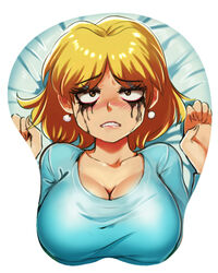  blonde_hair blush breast_mousepad breasts cleavage clenched_teeth collarbone commentary_request earrings female frown highres jcm2 jewelry large_breasts lori_loud makeup mousepad_(medium) runny_makeup solo teeth the_loud_house yellow_eyes 