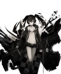  bad_id bad_pixiv_id belt bikini bikini_top_only black_bikini black_rock_shooter black_rock_shooter_(character) black_shorts boots chains commentary_request female flat_chest front-tie_bikini_top front-tie_top greyscale gyup hair_between_eyes head_tilt highres knee_boots long_hair looking_at_viewer midriff monochrome navel no_shirt ringed_eyes scar short_shorts shorts simple_background solo standing stomach swimsuit twintails white_background 