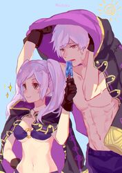  1boy abs bikini blue_background breasts brown_eyes cape commentary_request dual_persona female fire_emblem fire_emblem_awakening fire_emblem_heroes food gloves highres hood long_hair looking_afar male_swimwear medium_breasts navel no_shirt official_alternate_costume open_mouth popsicle purple_bikini rheamii robin_(female)_(fire_emblem) robin_(female)_(summer)_(fire_emblem) robin_(fire_emblem) robin_(male)_(fire_emblem) shade short_hair smile sparkle sweat sweatdrop swimsuit twintails white_hair 