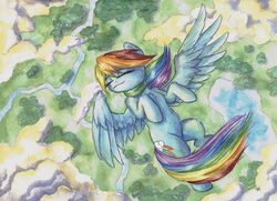  2015 detailed_background equid equine feathered_wings feathers female feral flying friendship_is_magic hasbro mammal my_little_pony mythological_creature mythological_equine mythology pegasus rainbow_dash_(mlp) relaxing solo the-wizard-of-art traditional_media_(artwork) wings 