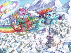  2015 applejack_(mlp) bodily_fluids bonbon_(mlp) christmas christmas_clothing christmas_headwear clothing detailed_background equid equine feathered_wings feathers female feral friendship_is_magic group hasbro hat headgear headwear holidays horn horse lyra_heartstrings_(mlp) mammal my_little_pony mythological_creature mythological_equine mythology pegasus pinkie_pie_(mlp) pony ponyville rainbow rainbow_dash_(mlp) rarity_(mlp) santa_hat sled sonic_rainboom tears the-wizard-of-art traditional_media_(artwork) unicorn wings 