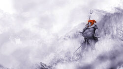  a_song_of_ice_and_fire bow_(weapon) brown_eyes commentary darren_geers deviantart_sample english_commentary female game_of_thrones highres hood hood_down ice image_sample monochrome mountain orange_hair polearm ponytail solo spear tree weapon ygritte 