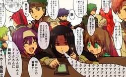  ahoge bare_shoulders black_hair blue_eyes blue_hair blush boyd_(fire_emblem) braid brown_hair cape closed_eyes commentary_request facial_mark fire_emblem fire_emblem:_path_of_radiance fire_emblem:_radiant_dawn fire_emblem_heroes gloves green_eyes green_hair hairband headband highres ike_(fire_emblem) kometubu0712 long_hair mia_(fire_emblem) mist_(fire_emblem) multiple_boys multiple_girls open_mouth oscar_(fire_emblem) ponytail purple_hair red_eyes red_hair rhys_(fire_emblem) rolf_(fire_emblem) shinon_(fire_emblem) short_hair smile soren_(fire_emblem) speech_bubble titania_(fire_emblem) translation_request 