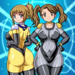  2girls ass belly blue_eyes blush bodysuit breasts commentary_request cupsoup gundam gundam_build_fighters gundam_build_fighters_try hairband hands_on_own_hips hip_focus hoshino_fumina large_breasts long_hair looking_at_viewer mobile_trace_suit multiple_girls navel plump sazaki_kaoruko simple_background skin_tight thick_thighs thighhighs thighs 